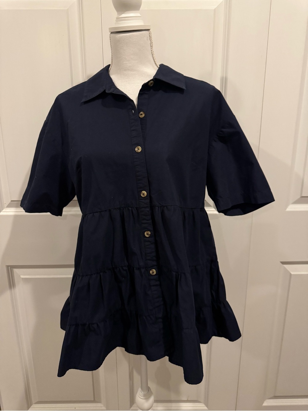 Porridge Anthropologie Navy Blue Tiered Button Down Shirt Medium